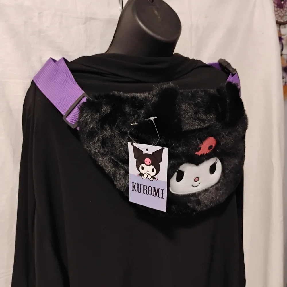 Black Plush Kids Waist Bag with Purple Strap